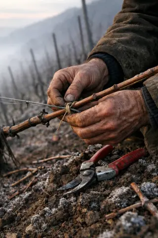 Winemaker's hands pruning grapevines on a frosty slope at dawn, mist softening the winter vineyard scene.