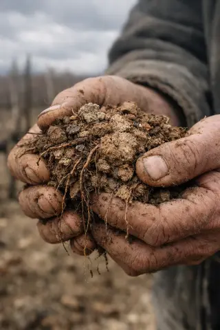 Detailed view of a winemaker's hands gently cradling a clump of clay-limestone soil with exposed vine roots, set against a blurred background of biodynamic vineyard rows under cloudy skies.
