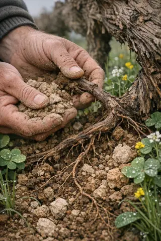 Winemaker's hands inspecting clay-limestone soil with visible vine roots in a Napa Valley vineyard, early spring bloom, focus on earth texture and biodynamic elements.