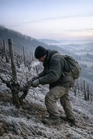 Winegrower pruning vines alone at dawn on a frosty, steep slope in the Jura, with visible breath and bare, intricate branches and natural light.