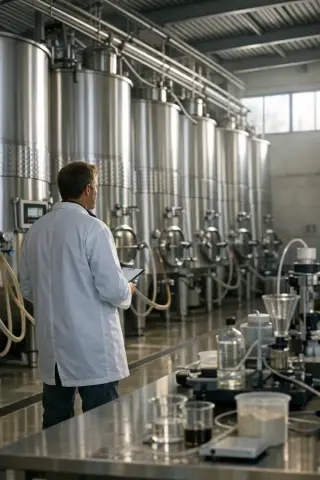 Winemaker in a lab coat observing stainless steel fermentation tanks in a Bordeaux cellar during winter, natural light streaming in, laboratory equipment visible, no wine bottles or glasses.