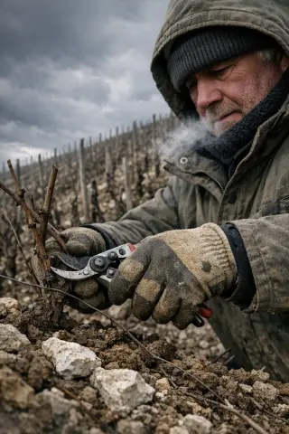 Champagne grower winter pruning vines on a steep chalky slope, close-up on gloved hands and vine canes under cloudy skies, no bottles or glasses visible.