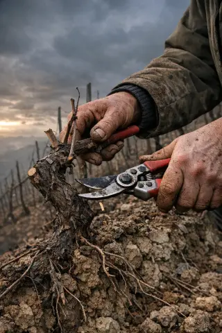 Close-up of a winemaker's hands pruning vines on a steep winter slope with clay-limestone soil and visible roots under cloudy dawn light.