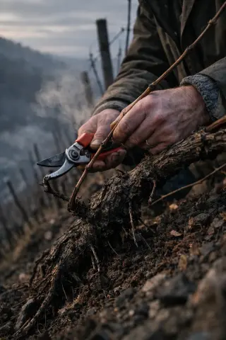 Hand of a winemaker pruning vines at dawn in winter on a steep slope, detailed view of vine branches and cold, damp soil, subdued natural light.
