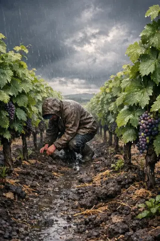 Viticulturist working in a Syrah row during a summer storm in Languedoc, biodynamic vines glistening with rain, dramatic cloudy sky overhead.
