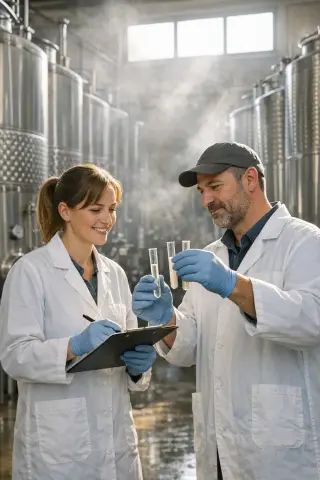Two winemaking professionals discuss lab results inside a softly lit fermentation cellar with stainless steel tanks, evoking innovation and technical work without visible wine bottles or glasses.