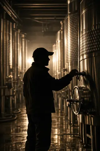Winemaker checking stainless steel fermentation tanks in a cellar, atmospheric lighting highlighting the technical, animal-free vinification process.