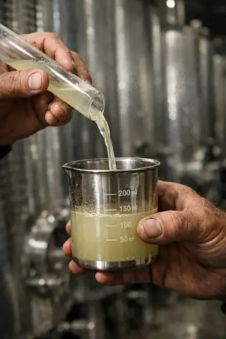 Winemaker's hands pouring cloudy wine sample into a beaker in a stainless steel fermentation cellar, with vats in the background.