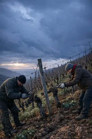 Two vineyard workers pruning vines on a steep Alsatian slope at dawn, dramatic winter sky, visible cover crops, no wine bottles or glasses