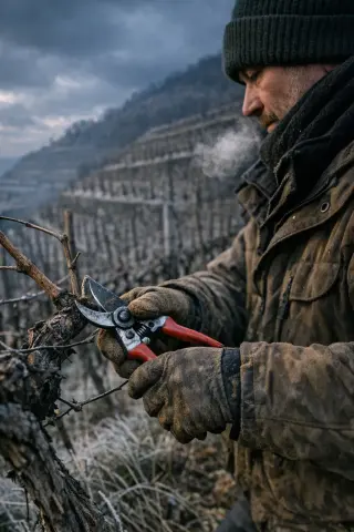 Winemaker pruning vines alone on a steep, biodynamic vineyard slope at winter dawn, hands highlighted in cold natural light.
