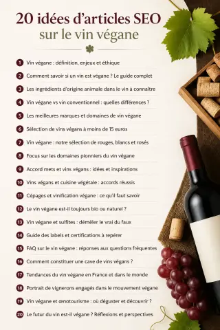 Liste moderne de 20 titres d’articles sur le vin végane, présentés sur fond sobre évoquant l’univers du vin (verres, vignes, bouteilles), avec une typographie élégante et lisible.
