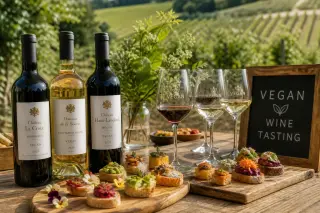 Elegant vegan wine tasting with appetizers and labeled vegan wine bottles at a rustic vineyard