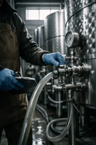 Winemaker at work in stainless steel fermentation cellar, preparing tanks for fining under soft natural backlight, technical atmosphere, no wine tasting elements.