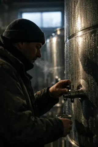 Winemaker in a stainless steel fermentation cellar at dawn, inspecting tanks with soft natural light and atmospheric condensation.