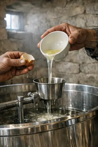 Winemaker's hands pouring egg whites into a stainless steel tank inside a traditional Burgundy wine cellar, softly lit by winter morning light.