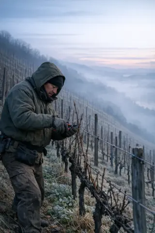 Vineyard worker pruning dormant vines on a steep hillside at winter dawn, surrounded by biodynamic rows and cover crops in soft natural light.