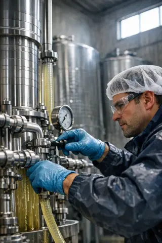 Cellar worker in Languedoc adjusting wine filtration equipment beside stainless steel tanks in a sunlit winery, conveying a sense of technical expertise and natural winemaking process.