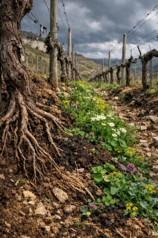 Close-up of a biodynamic vineyard row on a steep hill under stormy skies, highlighting lush soil, vineyard roots, and cover crops with no people or bottles visible.