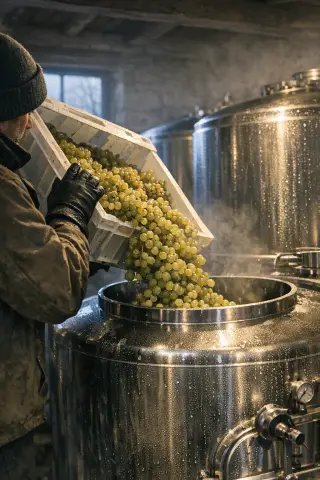 Winemaker in cellar at dawn transferring white grapes into stainless steel tanks, focusing on hands and technical process, no bottles or glasses visible.